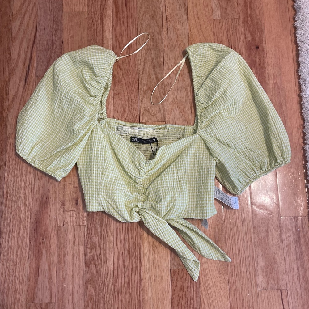 Zara gingham crop top lime green, NWOT